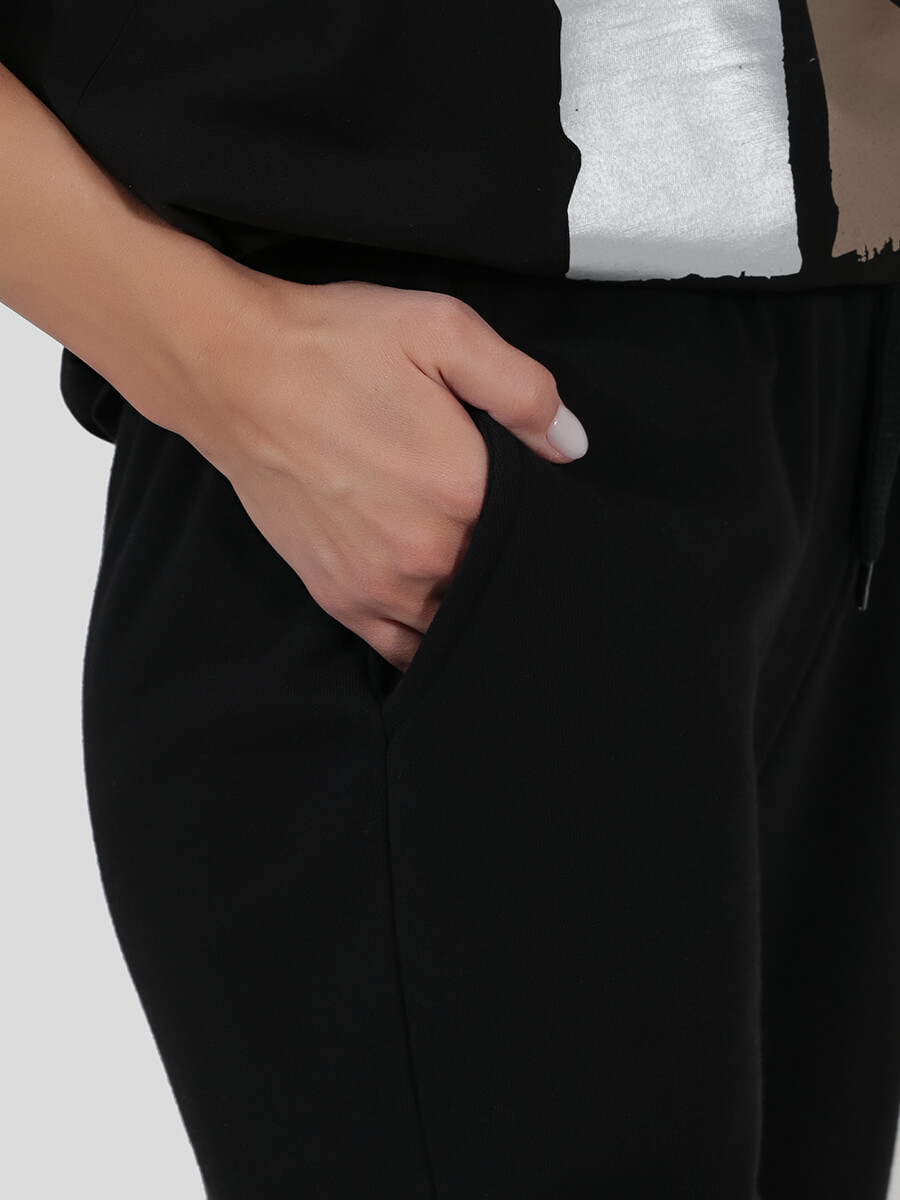 TEset06-01 Костюм спортивный (футболка+брюки) женский черный+100% хлопок/80% хлопок,20% полиэстер