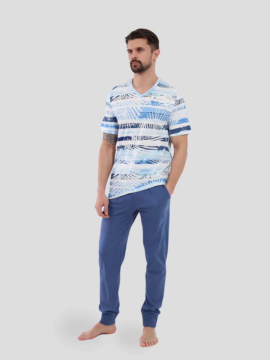 TRM523-10 Пижама (футболка+брюки) мужская голубой+50% хлопок, 50% модал