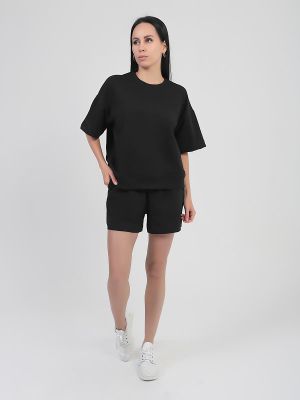 SP0422-01 Костюм спортивный (футболка и шорты) женский черный+95% хлопок, 5% эластан