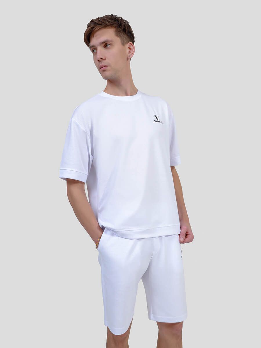 SP85164-02 Костюм спортивный (футболка+шорты) мужской белый+80% хлопок, 20% полиэстер
