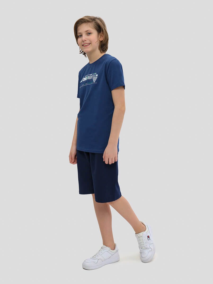 TO10944-05 Комплект спортивный (футболка+шорты) для мальчиков синий+94% х/б, 6% эластан