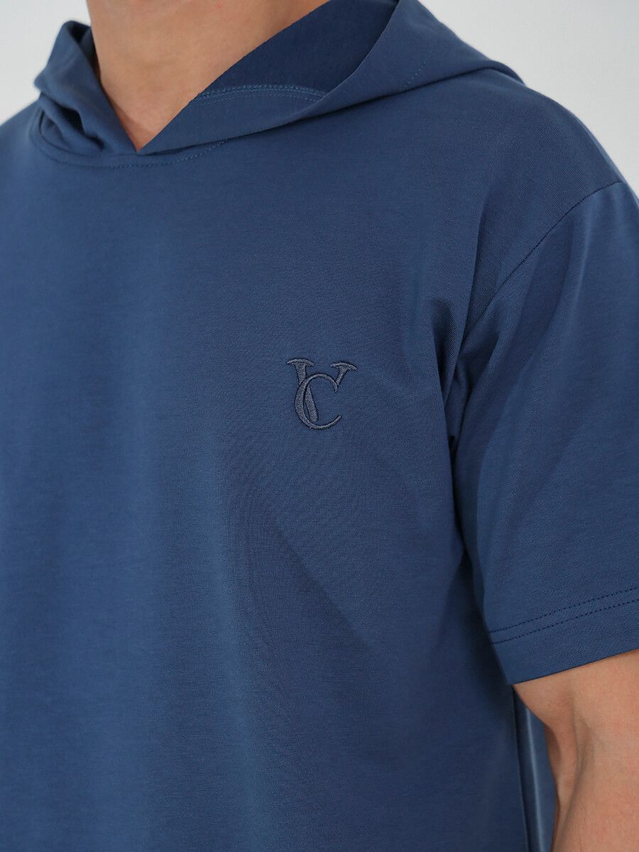 SPL4159-05 Костюм спортивный (футболка с капюшоном+шорты) мужской синий+85% хлопок, 15% полиэстер