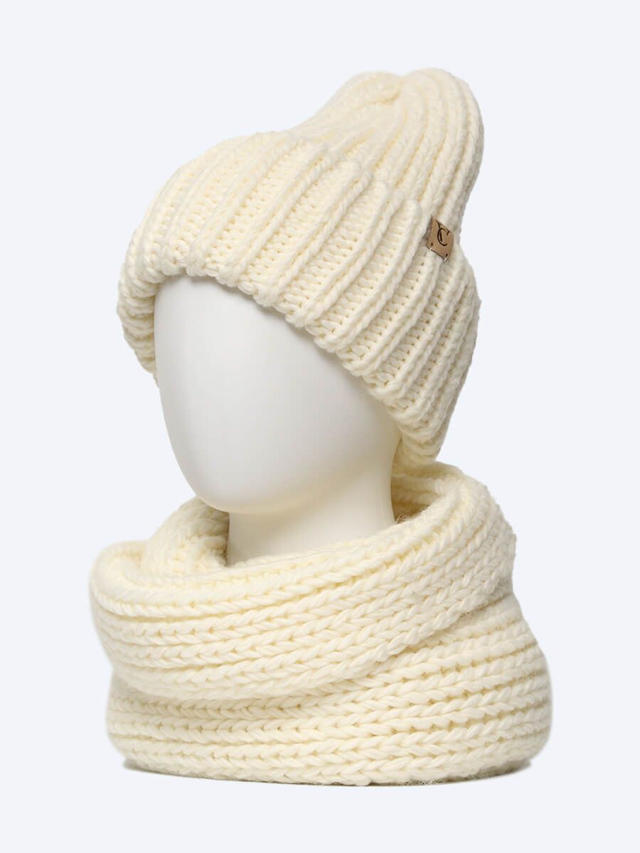 CH112023-09 Комплект (шапка, шарф) женский молочный+60% фиброполиакрил, 15% альпака, 15% лана, 10% в