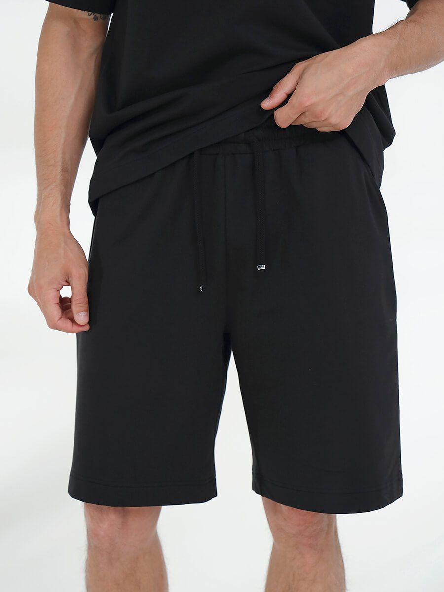 SPL4160-01 Костюм спортивный (футболка+шорты) мужской черный+85% хлопок, 15% полиэстер