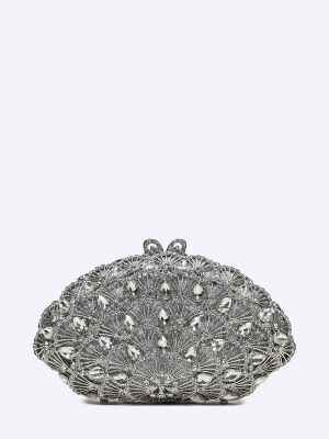C1188-29 Клатч женский серебряный+текстиль/стразы