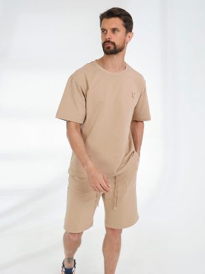 SPL4160-08 Костюм спортивный (футболка+шорты) мужской бежевый+85% хлопок, 15% полиэстер