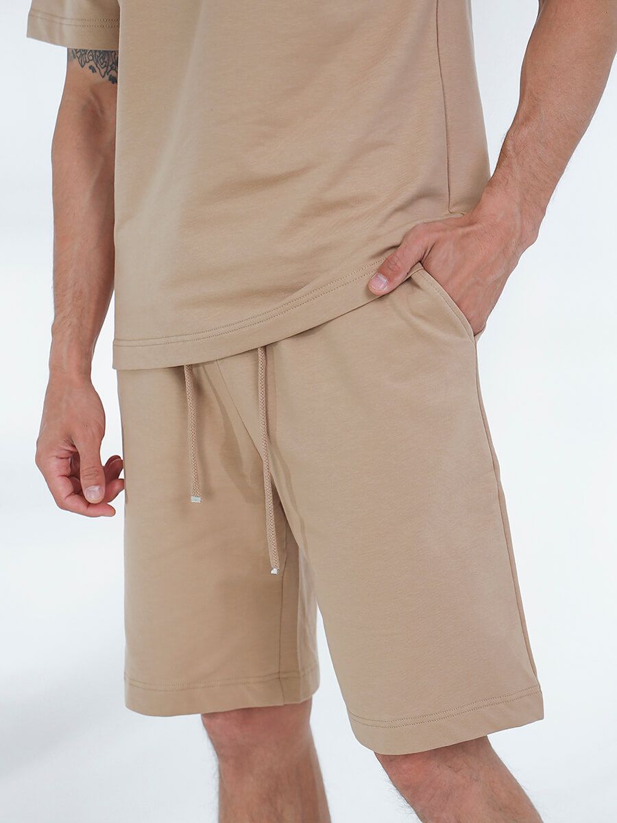 SPL4159-08 Костюм спортивный (футболка с капюшоном+шорты) мужской бежевый+85% хлопок, 15% полиэстер