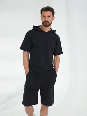 SPL4159-01 Костюм спортивный (футболка с капюшоном+шорты) мужской черный+85% хлопок, 15% полиэстер