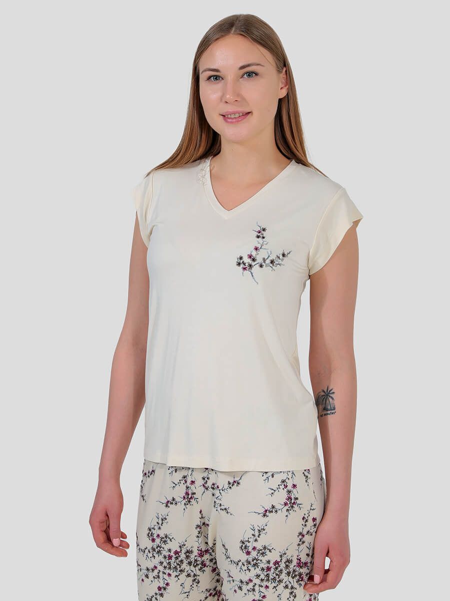 TR9459-09 Пижама (футболка+брюки) женская молочный+94% вискоза, 6% эластан