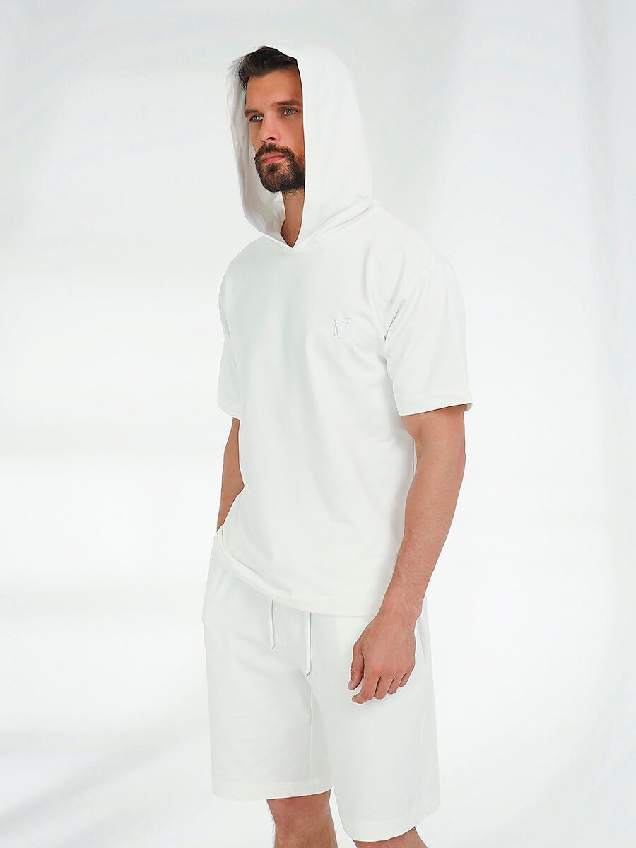SPL4159-02 Костюм спортивный (футболка с капюшоном+шорты) мужской белый+85% хлопок, 15% полиэстер