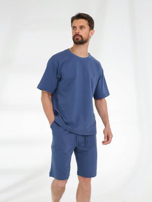 SPL4160-05 Костюм спортивный (футболка+шорты) мужской синий+85% хлопок, 15% полиэстер