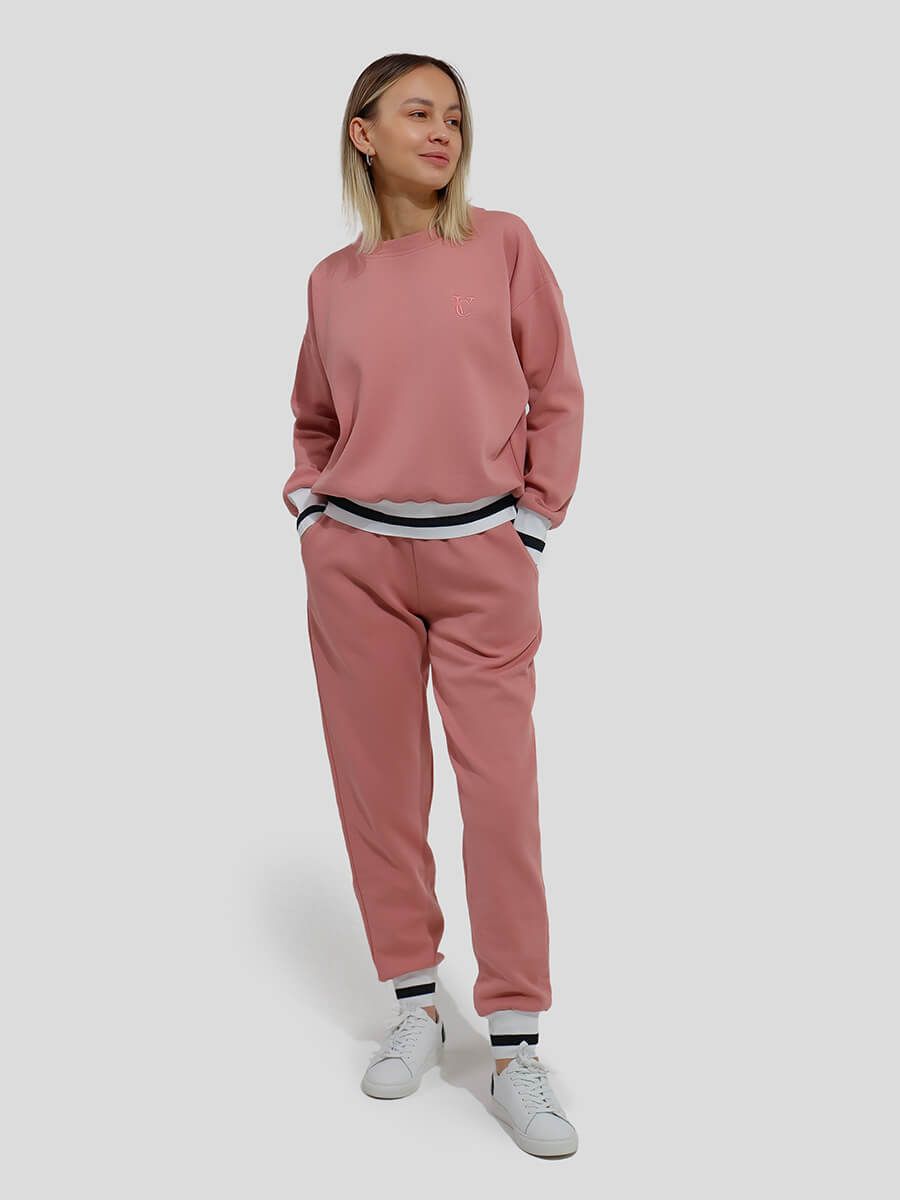 SP142-22 Костюм спортивный (пуловер+брюки) женский пудровый+95% хлопок, 5% эластан