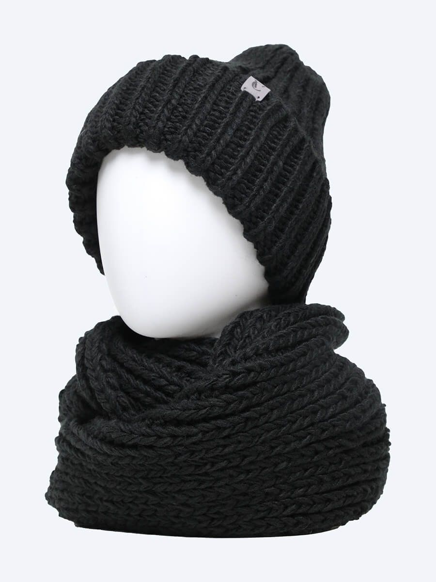 CH112023-01 Комплект (шапка, шарф) женский черный+60% фиброполиакрил, 15% альпака, 15% лана, 10% вис
