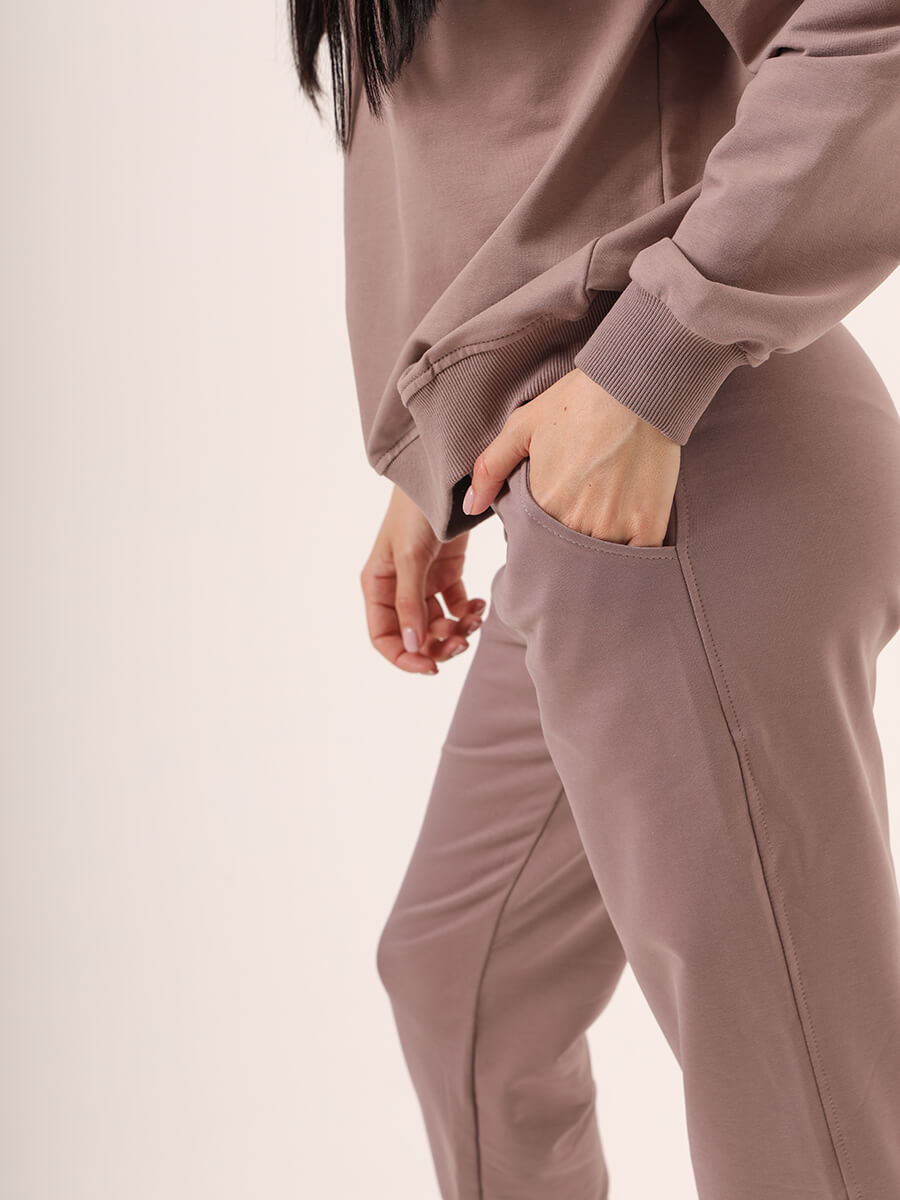 SP005-11 Костюм спортивный (худи+брюки женский коричневый+70% хлопок, 25% полиэстер, 5% лайкра