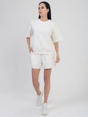 SP0422-09 Костюм спортивный (футболка и шорты) женский молочный+95% хлопок, 5% эластан