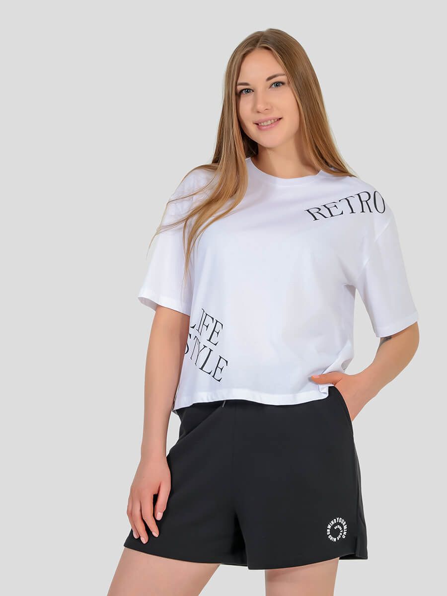 TEset02-02 Костюм спортивный (футболка+шорты) женский белый+100% хлопок/80% хлопок,20% полиэстер