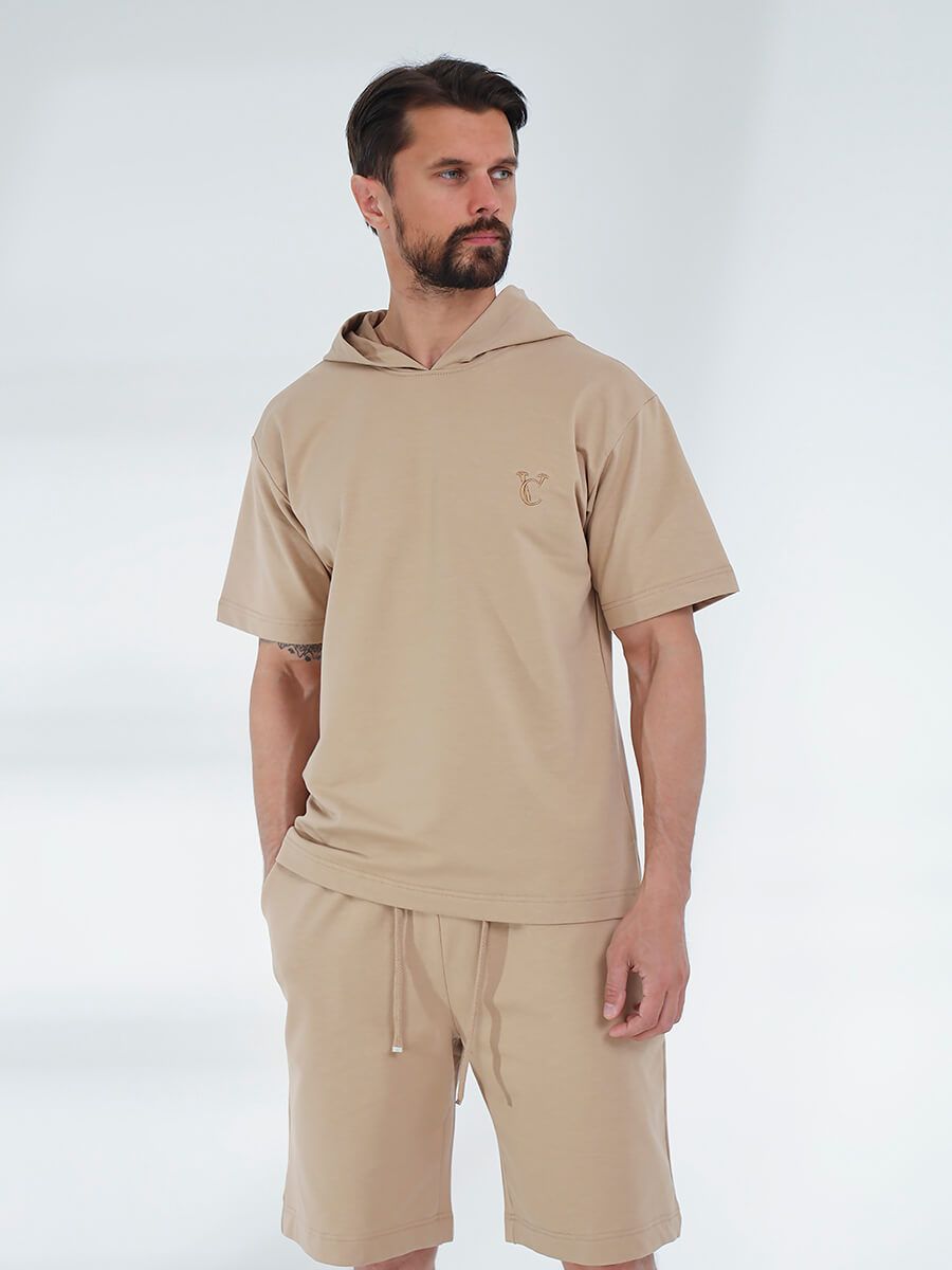 SPL4159-08 Костюм спортивный (футболка с капюшоном+шорты) мужской бежевый+85% хлопок, 15% полиэстер