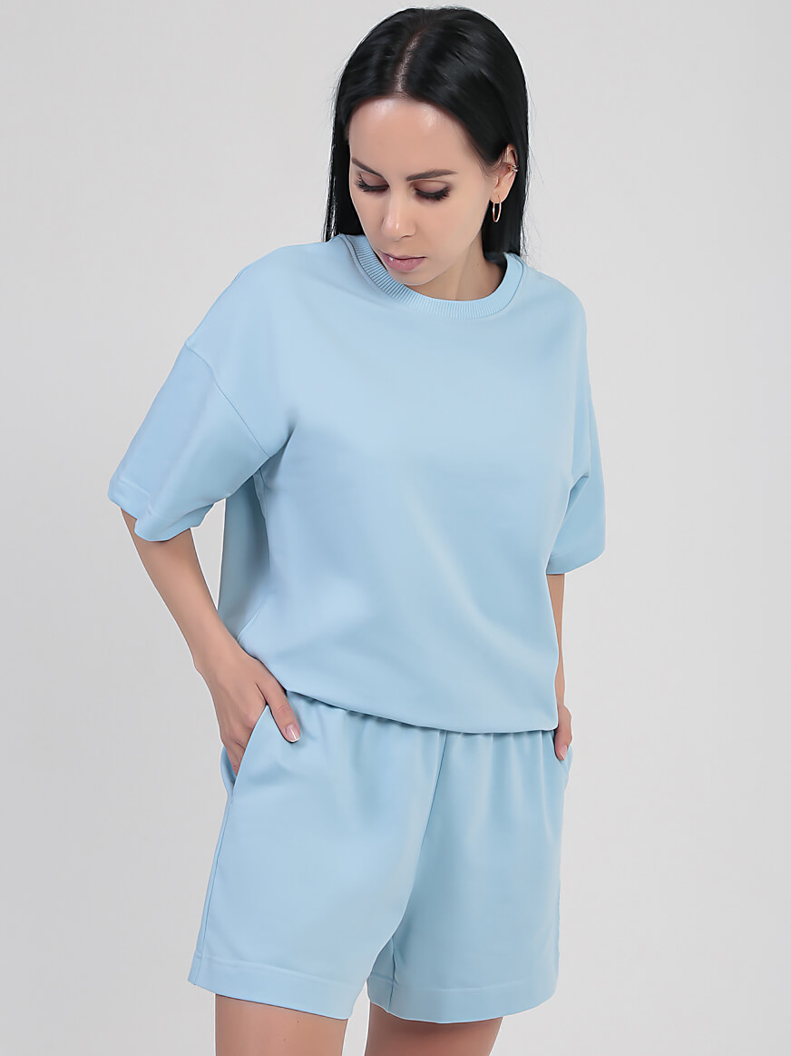 SP0422-10 Костюм спортивный (футболка+шорты) женский голубой+95% хлопок, 5% эластан