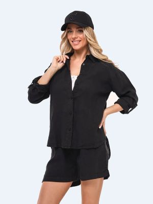 EF24015-01 Рубашка женская черный+100% лён