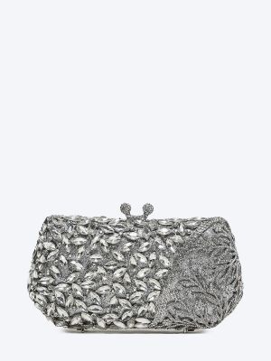 C1189-29 Клатч женский серебряный+текстиль/стразы